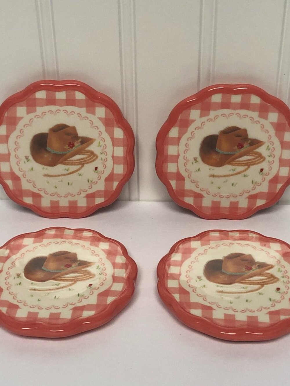 Pioneer Woman Ceramic Coaster Set 4pc Coral Gingham Cowgirl Hat Cork Back 4" dia